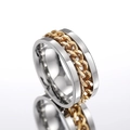Close-up of rotatable golden Cuban chain inlay on a polished silver stainless steel ring - US 7 / Steel + Gold