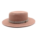 Detail of summer straw boater hat in dusty rose with sparkly rhinestone band and M buckle - M (56-58cm) / Dusty Pink