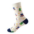White cotton mid-calf socks with blue contrast and colorful space rocket UFO patterns - One Size / White