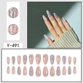 Faux ongles amande longue élégants en rose nude et gris avec motifs d'étoiles argentées - Fil Argent Étoile Gris Rose (Y-491)
