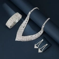 Elegant silver bridal jewelry set with V-shaped rhinestone necklace and bracelet - G0059 + 6-Row Bracelet 3-Piece Set