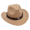Detail of light brown wool cowboy hat featuring bull skull ornament and decorative band - Kids One Size(52-54cm) / Camel (Bull Head)