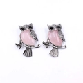 Pink quartz owl stud earrings featuring vintage silver alloy and intricate feather details - Rose Quartz