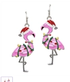 Pink flamingo Christmas earrings with festive red hat and colorful holiday lights - Christmas Hat Flamingo
