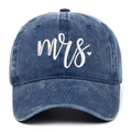 Close-up of blue washed cotton baseball cap with white Mrs. and heart embroidery - Navy Mrs.