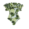 Green hydrangea print off-shoulder bikini set with layered ruffle hem details - S / Green One-Piece