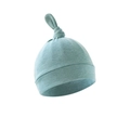 Soft grey-blue newborn cotton knit beanie with top knot detail on a white background - Heather Gray Blue