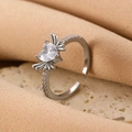 Silver bow knot ring with heart cubic zirconia and wing details in open band style - Silver Heart with Wings Ring (3514)