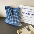 Sac à main plissé en tricot à rayures bleues et blanches avec nœud coulissant décoratif - Rayé Bleu et Gris