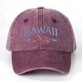 Détail de la broderie hibiscus d'Hawaï sur le tissu en coton lavé de la casquette - Taille unique / Bordeaux