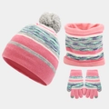 Close-up of pink striped knit winter set showing warm fleece lining and pom-pom detail - Pink