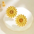 Gold daisy earrings with yellow cat eye stone on white geometric display stand - Daisy Cat Eye Gold Stud