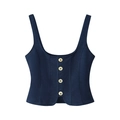 Navy slim camisole vest with gold buttons and twill texture on white background - S / Tops