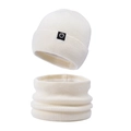 Cream white knitted winter hat and neck warmer set with warm fleece lining and logo - Two-Piece Set / Cream