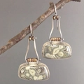 Retro two-tone gemstone earrings with silver textured metal on natural wood branch - Green White (Style B)