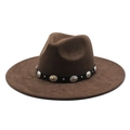 Dark brown wide brim fedora hat with vintage metallic studded leather band for men and women - M (56-59cm) / Coffee