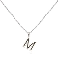 Detail of silver stainless steel letter M pendant with black enamel inlay on thin chain - Letter M