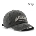 Grey vintage washed denim baseball cap with Los Angeles white embroidery detail - LOS Embroidery / Gray