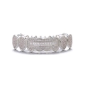 Detailed close-up of hip hop grillz with silver plating and full CZ stone setting - Silver (Lower Teeth)