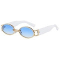 Detail of vintage round metal sunglasses with blue gradient lenses and clear temples - Gold Frame Blue Lenses