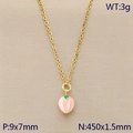 Pink peach flower pendant necklace in gold stainless steel with green leaves - Pink Flower Bud (KN292111-Z)