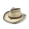 Cappello da cowboy in paglia per esterni con bordi sfumati ed emblema vintage - M / Sfumatura Nera Traforata