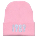 Pink Taylor 1989 embroidered knit beanie with light blue lettering on white background - Adult (Stretchy) / Pink