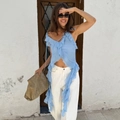 Sky blue ruffle halter crop top in lightweight chiffon with asymmetric hemline design - S / Blue