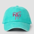 Adjustable mint green washed cotton baseball cap with Pray logo and pink bow print - One Size / Lake Blue