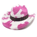 Macro detail of cow print cowboy hat with bull head emblem and studded leather band - M (56-58cm) / Flat Top (Cow Print) / Rose Red