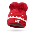 Bonnet en tricot rouge pour bébé avec doubles pompons et un grand nœud en velours - Taille Unique (3M-5Y) / Rouge