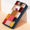 Portefeuille en cuir bleu foncé avec textures patchwork colorées et fermeture éclair - Portefeuille Zippé Patchwork Carré Coloré 1007