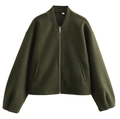 Women's dark green loose fit bomber jacket with stand collar and zipper closure - S / Army Green