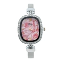 Women's quartz watch with pink marble dial and rhinestone bezel on silver mesh band - Red
