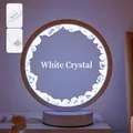 Circular LED crystal night light featuring raw white quartz stones and USB wooden base - White Crystal (white Frame With Three Colors) / Brown Kraft Paper Box Packaging (17*10.5*20.5cm)