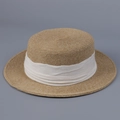 Detail of natural straw texture and white pleated ribbon on a vintage boater hat - M (56-58cm) / Off-white