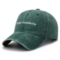 Dark green vintage washed cotton baseball cap with white happy-headache embroidery - Adjustable / Army Green