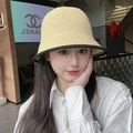 Women's summer straw bucket hat in light yellow with black crochet trim edges - L (54cm-58cm) / Beige Black Trim