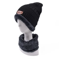 Close-up of black knit hat and neck warmer with thick grey fleece lining for warmth - 2-Piece Set / Black