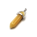 Hexagonal yellow crystal pillar necklace pendant with silver metal clasp on white background - Topaz