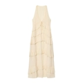 Elegant cream deep V-neck sleeveless midi dress with layered ruffle details for women - XS / Off White
