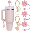 Rosa Blumen Strohhalmabdeckungen und goldene Anhängerketten mit Herz für 30/40oz Becher - Rosa Blumen Alphabet Set