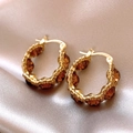 18k gold plated round huggie earrings with brown faceted stones on champagne silk - Gold-Coffee (18K Gold Plated)
