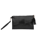 Fashionable black patchwork leather clutch with tassel and wristlet strap - Black Geometric Patchwork