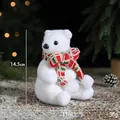 White flocked polar bear figurine with red and green knit scarf for Christmas decoration - 14.5x11cm / Sitting Bear