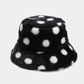 Winter plush bucket hat with classic black and white polka dot pattern design - Black / M (56-58cm)