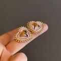 Vintage 18K gold-plated heart earrings with pink amber resin and dried flowers - Pink Heart Dried Flower
