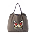 Taupe nylon tote bag with colorful floral butterfly embroidery and woven cord handles - Grey Butterfly Flower