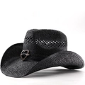 Cappello di paglia cowboy nero vintage con fibbia a cuore per protezione solare da spiaggia - M(56-58cm) / Nero