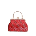 Red embroidered chain crossbody bag with gold metal frame and shell patterns - Red